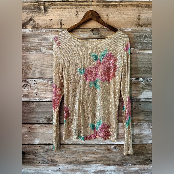 FREE PEOPLE Gold Sequin Floral Top Size Large Long Sleeve Sheer Stretch - Picture 2 of 6